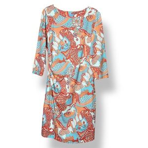 J. McLaughlin Catalina Cloth Paisley Sheath Dress Large coral blue‎ 3/4 sleeve